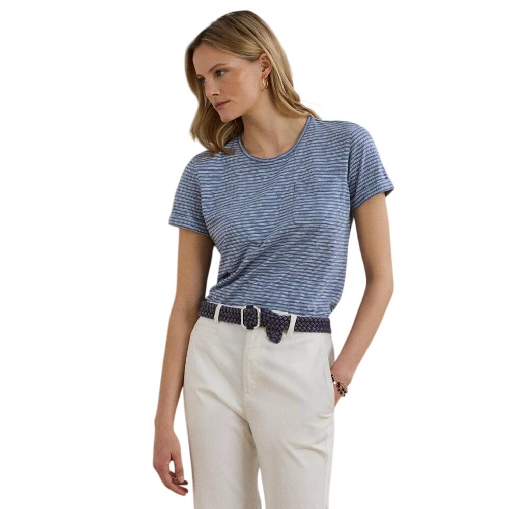 Lauren Ralph Lauren Women Blue Striped Cotton Slub Jersey Pocket Tee Size XL